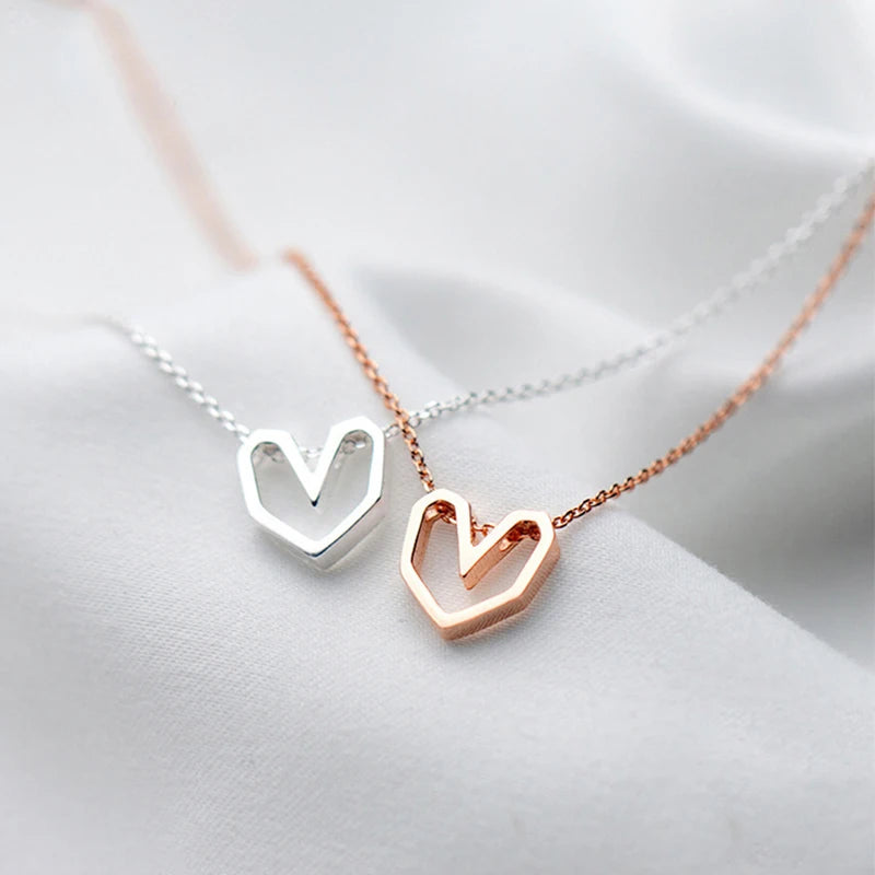 925 Silver Hollow Love Heart Necklace Choker Wedding Gift