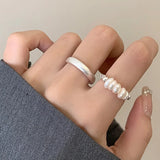 Geometric Pearl Bead Chain Silver Ring for Women Girls