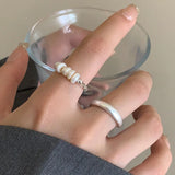 Geometric Pearl Bead Chain Silver Ring for Women Girls