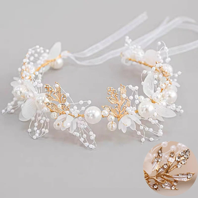Pearl Hair Headdress Flower Wreath Bride Garland Head Hoop