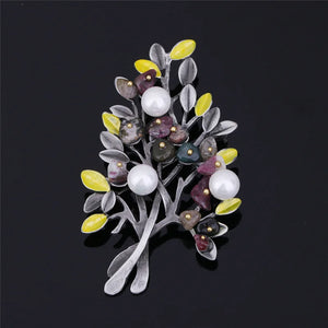 Gravel Beaded Pearl Brooch Pin Tree Flower Enamel Brooch for Women