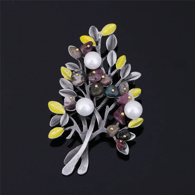 Gravel Beaded Pearl Brooch Pin Tree Flower Enamel Brooch for Women