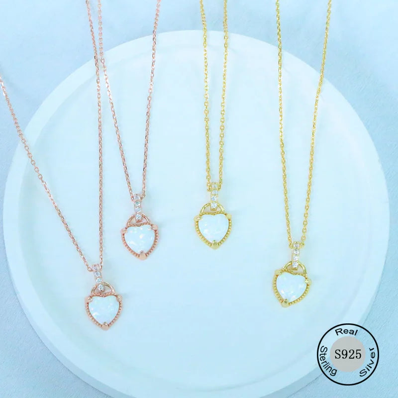 925 Silver Heart Opal CZ Women Necklace