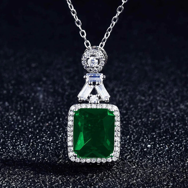 Emerald Gemstone Diamond Pendant Necklace 18K Silver Jewelry
