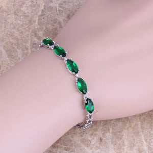 Green CZ Silver Plated Chain Bracelet 7 inch