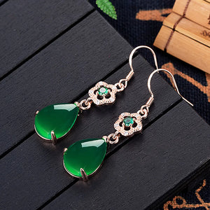 Green Jade Agate Emerald Gemstones Diamonds Drop Earrings 18k Rose Filled