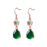 Green Jade Agate Emerald Gemstones Diamonds Drop Earrings 18k Rose Filled