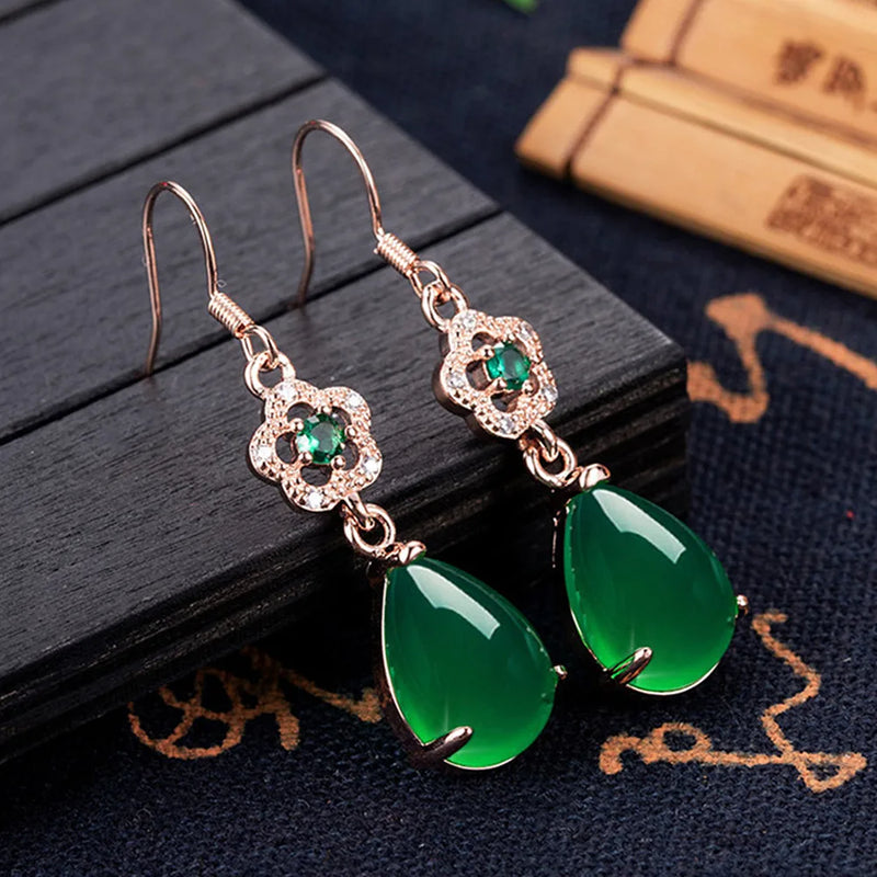 Green Jade Agate Emerald Gemstones Diamonds Drop Earrings 18k Rose Filled