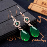 Green Jade Agate Emerald Gemstones Diamonds Drop Earrings 18k Rose Filled
