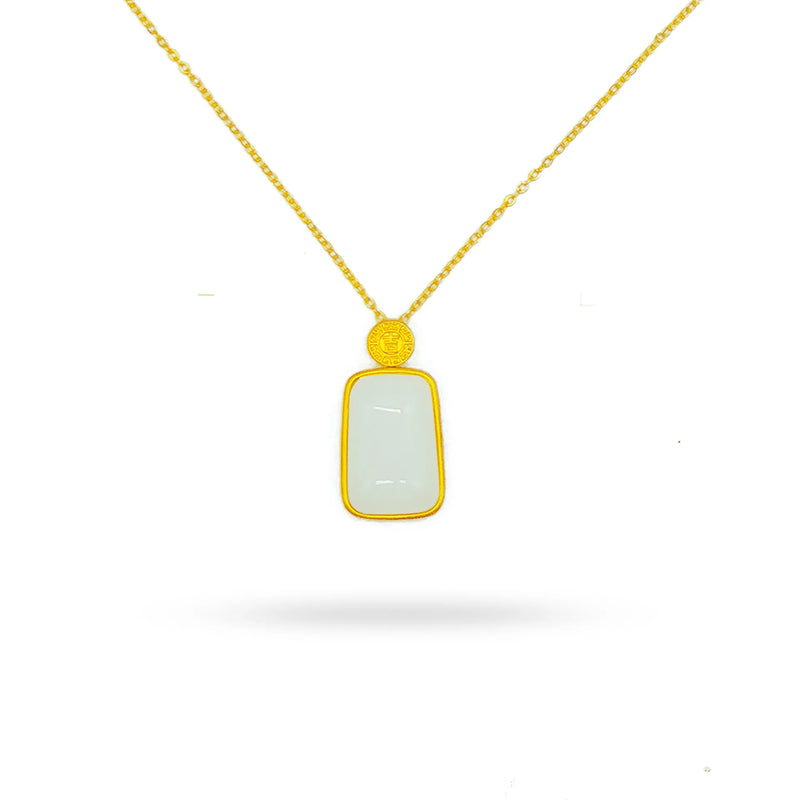 Green Stone Pendant Necklace 14K Square Jade Gemstone Necklace for Men and Women