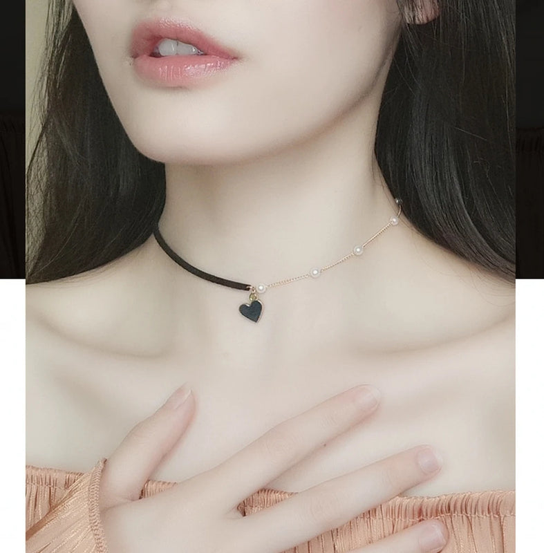 Heart Pendant Chocker Necklace Pearls Rope Chain Wedding Jewelry
