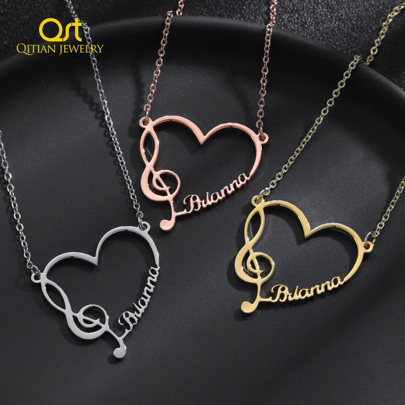 Musician Note Heart Pendant with Name Personalized Necklace