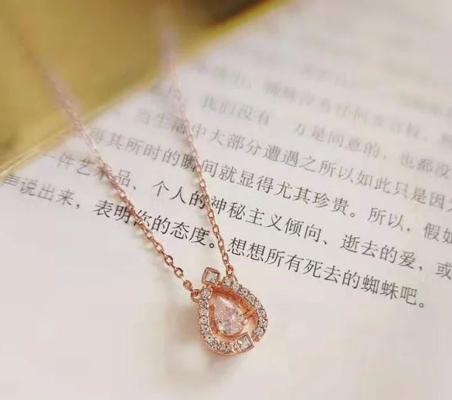 Heartbeat Crystal Pendant Necklace, Clavicle Chain with Water Drop Design