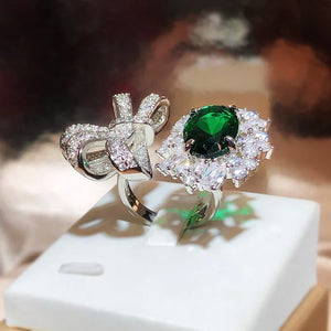 Irregular Bow Knot Flower Oval Emerald Full Diamond Couple Ring