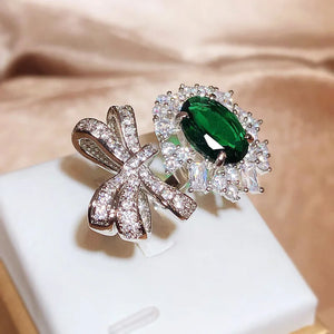 Irregular Bow Knot Flower Oval Emerald Full Diamond Couple Ring
