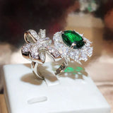 Irregular Bow Knot Flower Oval Emerald Full Diamond Couple Ring