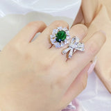 Irregular Bow Knot Flower Oval Emerald Full Diamond Couple Ring