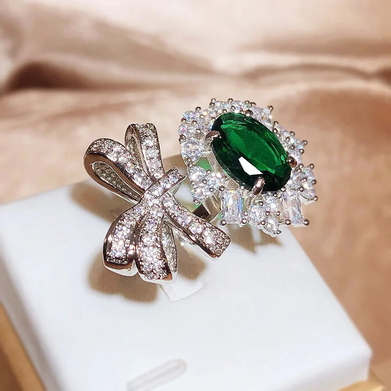 Irregular Bow Knot Flower Oval Emerald Full Diamond Couple Ring