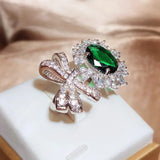 Irregular Bow Knot Flower Oval Emerald Full Diamond Couple Ring