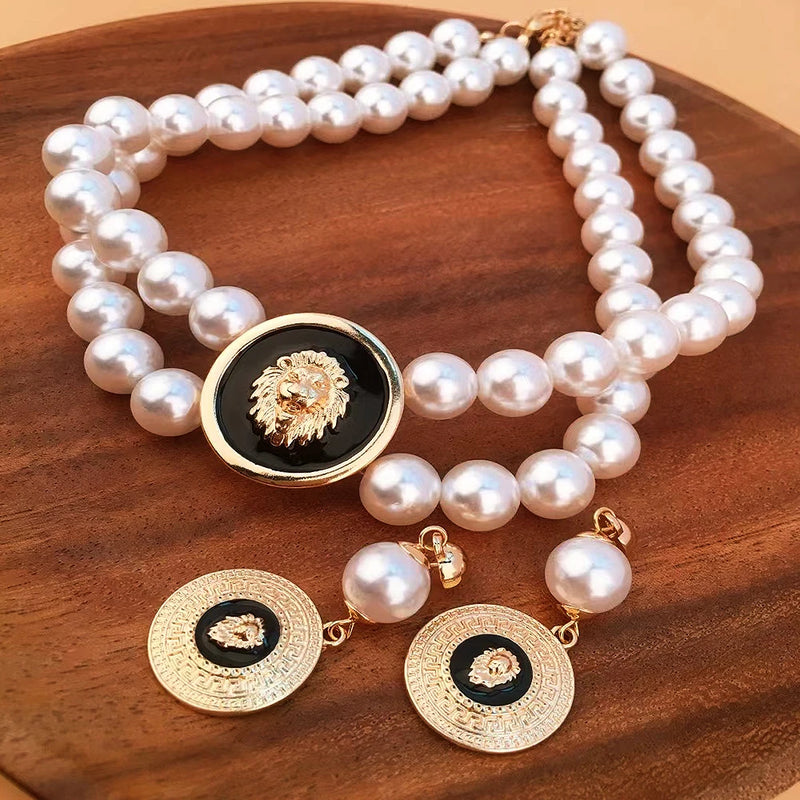 Lion Head Pearl Jewelry Set for Women