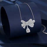 Silver Necklace Zircon Stone bow-knot Pendant Sweater Chain Choker
