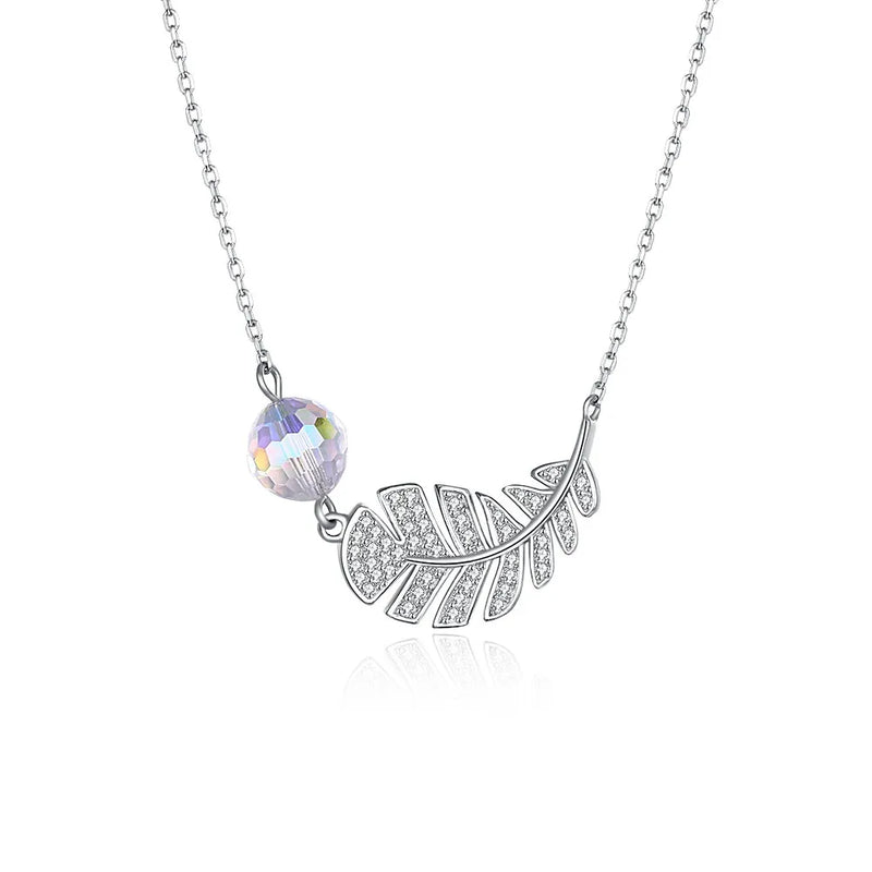Lady Sterling Silver Necklace with Crystals Ball Zircon Leaf Pendant