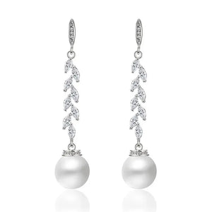 Fringed Pearl Zirconia Earrings Willow Leaf Branch Jewelry