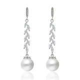 Fringed Pearl Zirconia Earrings Willow Leaf Branch Jewelry