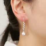 Fringed Pearl Zirconia Earrings Willow Leaf Branch Jewelry
