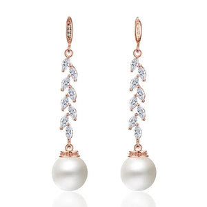 Fringed Pearl Zirconia Earrings Willow Leaf Branch Jewelry