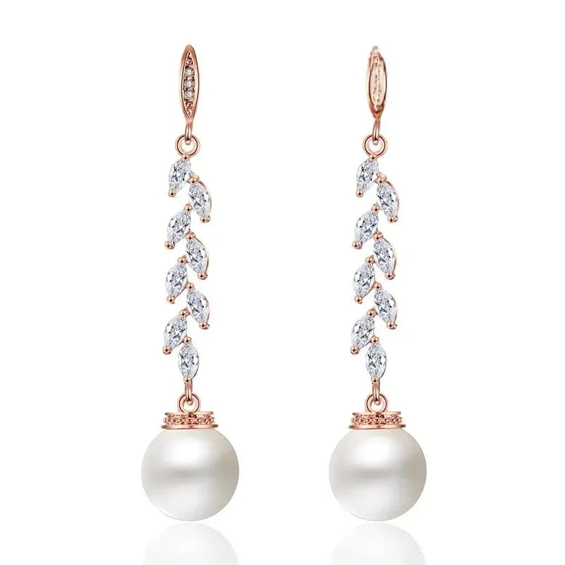 Fringed Pearl Zirconia Earrings Willow Leaf Branch Jewelry