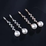 Fringed Pearl Zirconia Earrings Willow Leaf Branch Jewelry
