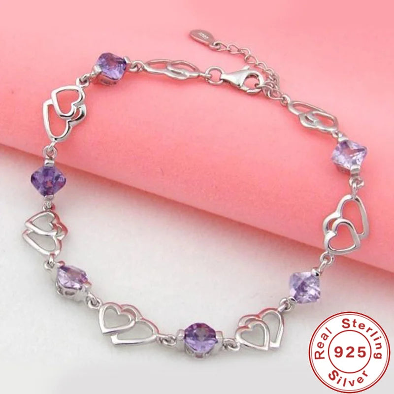 Heart to Heart Amethyst Love Bracelet 925 Silver Romantic Jewelry