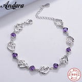Purple Amethyst Heart to Heart Love Bracelet 925 Silver Romantic Jewelry