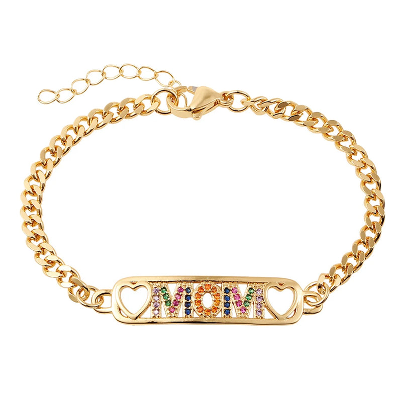 MOM Letter Rainbow Zircon Bracelet 18K Bangle Mama Jewelry