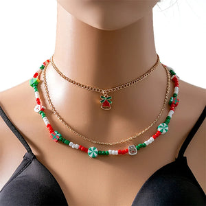 Multi-Layer Christmas Necklace for Women Santa Claus Cartoon Elk Bell Beaded Nec