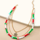 Multi-Layer Christmas Necklace for Women Santa Claus Cartoon Elk Bell Beaded Nec
