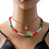 Multi-Layer Christmas Necklace for Women Santa Claus Cartoon Elk Bell Beaded Nec