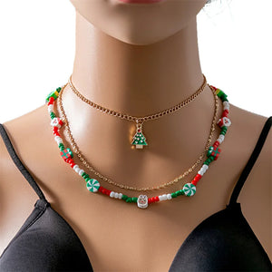 Multi-Layer Christmas Necklace for Women Santa Claus Cartoon Elk Bell Beaded Nec