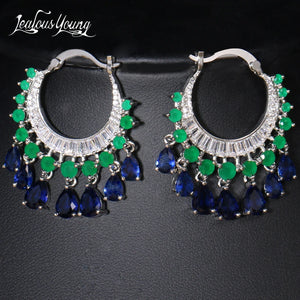 Multicolor CZ Crystal Dangle Water Drop Tassel Hoop Earrings
