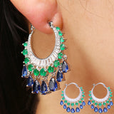 Multicolor CZ Crystal Dangle Water Drop Tassel Hoop Earrings