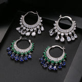 Multicolor CZ Crystal Dangle Water Drop Tassel Hoop Earrings