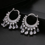 Multicolor CZ Crystal Dangle Water Drop Tassel Hoop Earrings