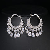 Multicolor CZ Crystal Dangle Water Drop Tassel Hoop Earrings
