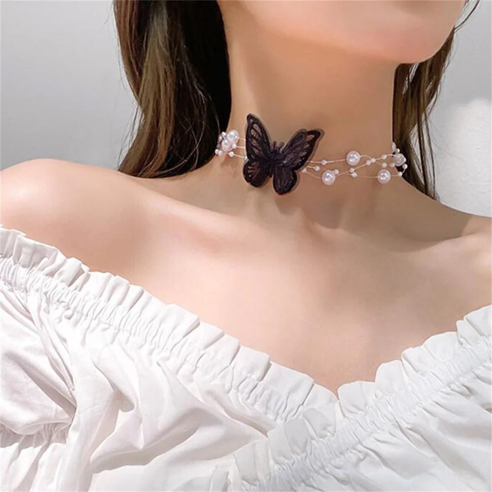 Vintage Flower Butterfly Pearl Choker Necklace Wedding Jewelry