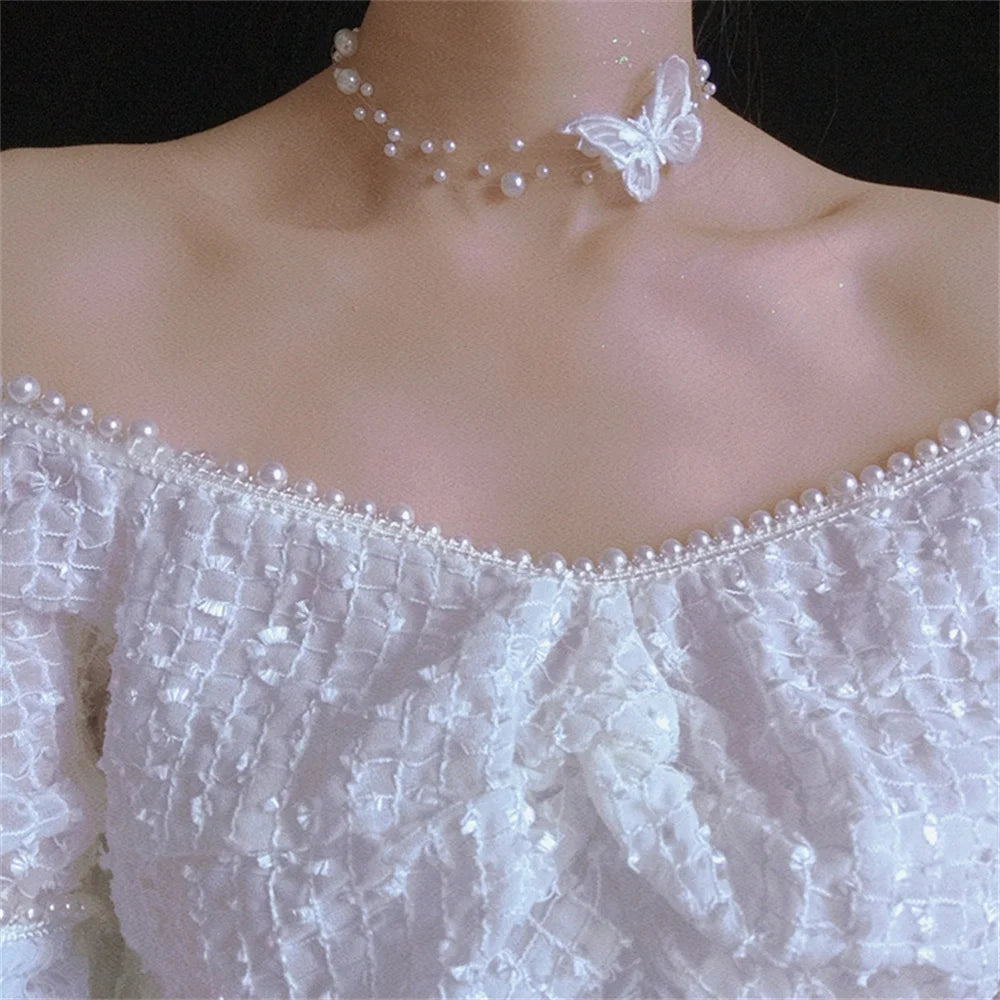 Vintage Flower Butterfly Pearl Choker Necklace Wedding Jewelry