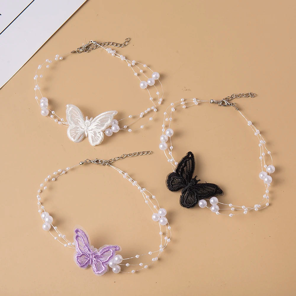 Vintage Flower Butterfly Pearl Choker Necklace Wedding Jewelry