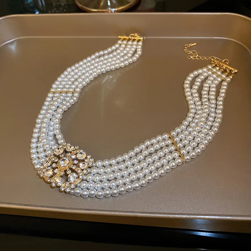 Multilayer Pearl Necklace Vintage Statement Necklace Collar