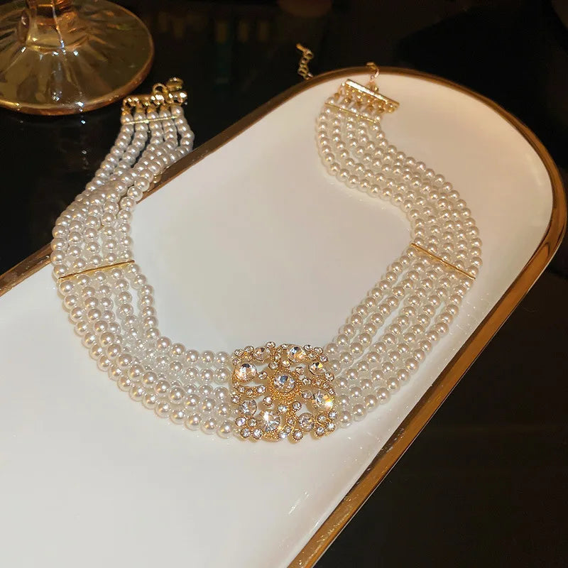 Multilayer Pearl Necklace Vintage Statement Necklace Collar