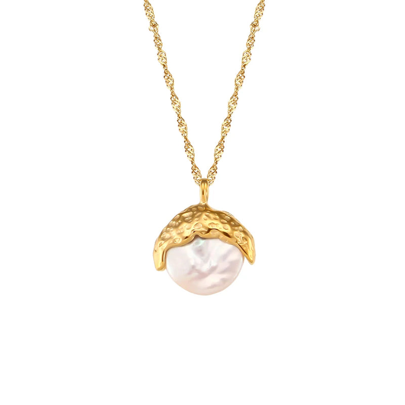 Baroque Pearl Pendant Necklace 18K Plated Stainless Steel Moon Necklaces